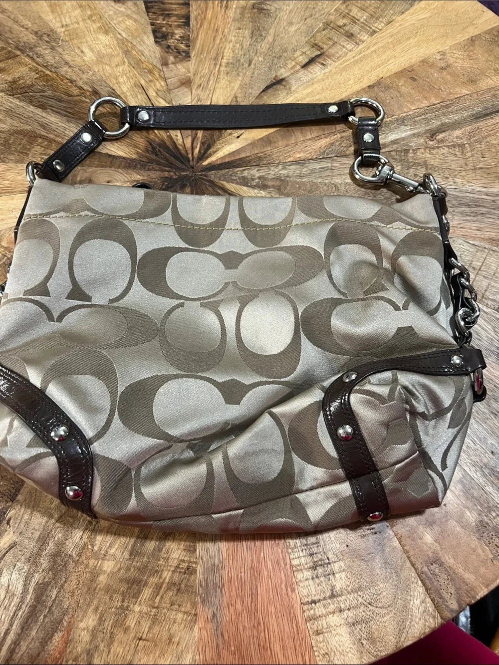Vintage Coach Carly Signature Jacquard Hobo in Taupe and Dark Brown Leather